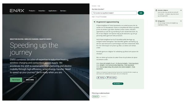 Forsiden av nettsiden til enrx.com og en skjermdump av et ai svar på nettsiden til en eika-bank