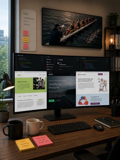 Nettsidene til Eika, ENRX og Samfunnsviterne vises på en bred pc-skjerm som står på et kontor.
